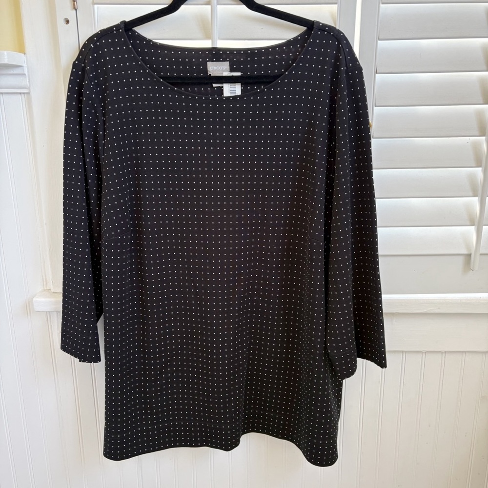 Chico’s Black & White Polka Dot 3/4 Sleeve Ponte Pullover Top Size XXL NEW